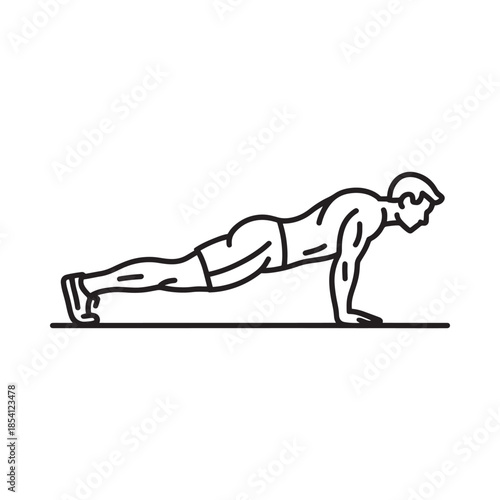 A simple line drawing depicting a man performing a push up exercise