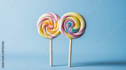 Colorful swirl lollipops on light blue background