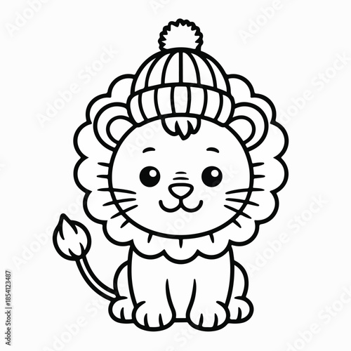 Cute Winter Lion Line Art – Kawaii Animal Coloring Illustration