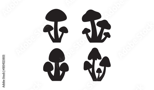 Set of Four Different Black Mushroom Silhouettes, Wild Forest Fungus Collection Vector