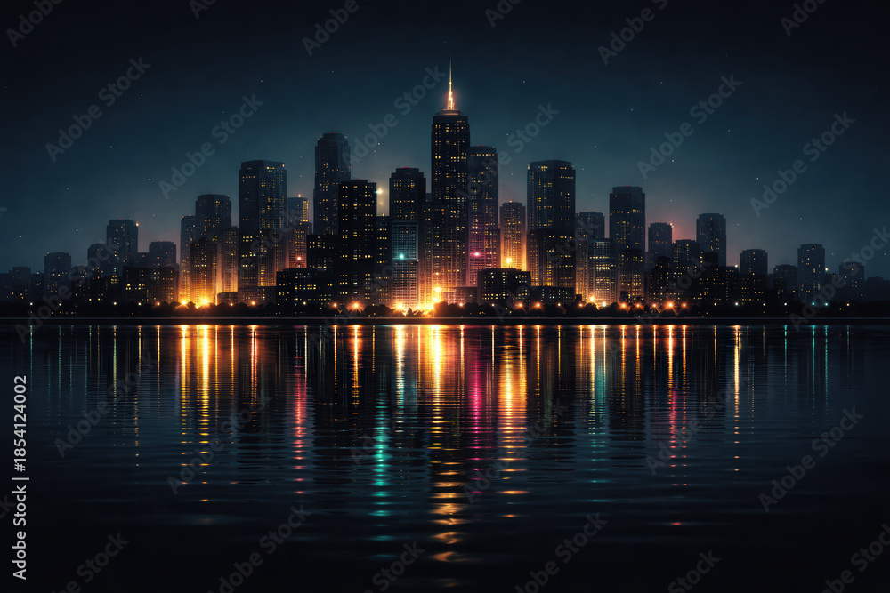 Fototapeta premium Night city skyline reflection water atmosphere luminous metropolitan skyline at night reflected on calm water evoking wonder and quiet energy