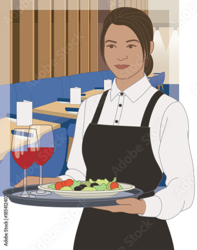 people food, waitress carrying a tray of food and drinks with a fine restaurant in the background