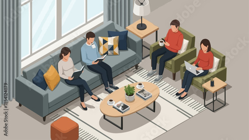 Four People Sitting Using Laptops Together.