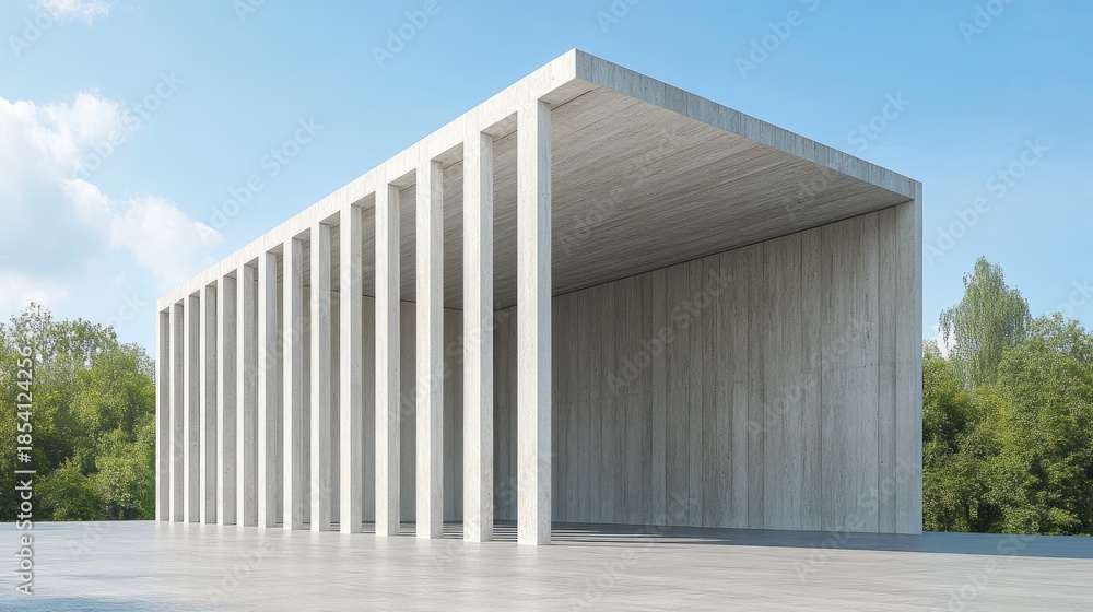 Obraz premium Minimalist Concrete Pavilion with Linear Columns and Sky Backdrop