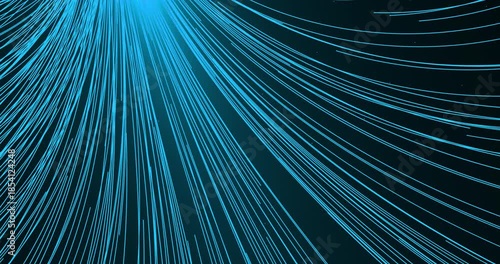 An abstract stream of luminous tracks weaves a mesmerizing pattern, filling the space with dynamics. The energy of moving particles creates the feeling of space travel.