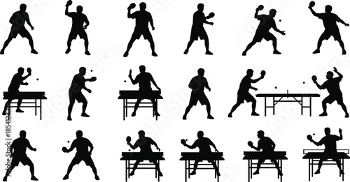 Table tennis player action silhouettes set, ping pong match poses, black athlete figures collection, isolated indoor sports vector illustration pack