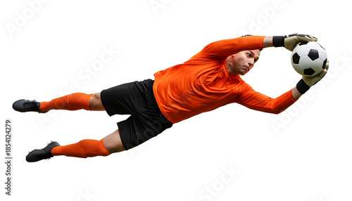 Wallpaper Mural Soccer goalkeeper in orange jersey diving to catch the ball in mid air isolated on transparent background Torontodigital.ca