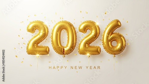 Golden 2026 balloon numbers with confetti on light background