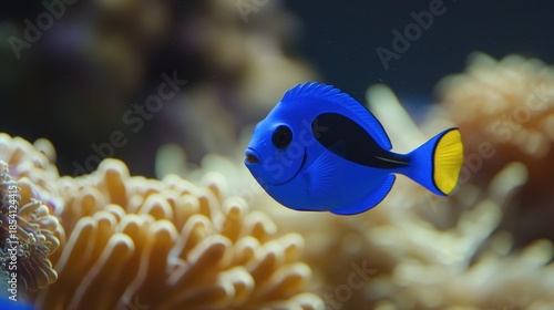 Blue fish swimming near coral reef in aquarium