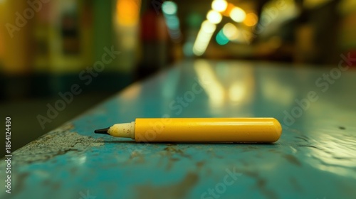 Yellow marker pen on teal surface closeup studio shot