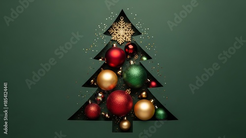 Stylized Christmas tree silhouette with colorful ornaments and gold stars