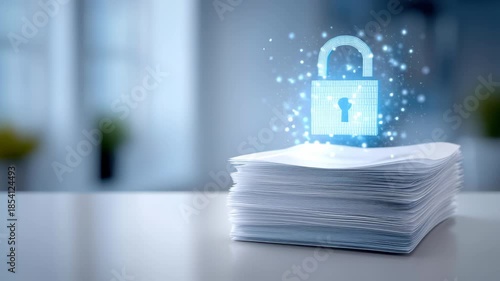 Glowing Digital Lock Protecting Document Stack Safe Data Security Concept