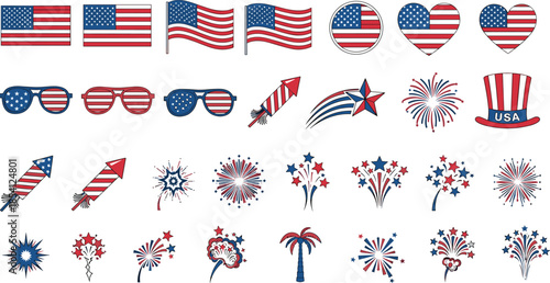 USA patriotic vector icons set, American flag symbols, Independence Day fireworks elements, red white blue celebration illustrations collection