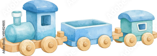 Toy blue wooden train with locomotive, cargo wagon and caboose isolated on white background