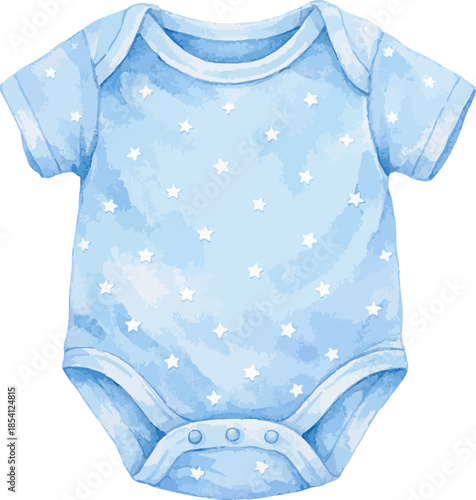 Light blue baby onesie with white stars isolated on white, cute newborn infant bodysuit
