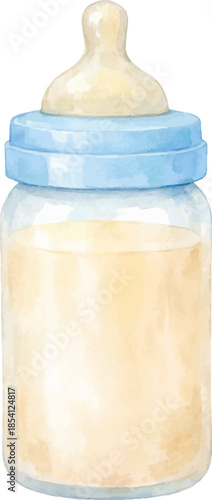Baby bottle with blue cap filled with milk formula, watercolor illustration isolated on white