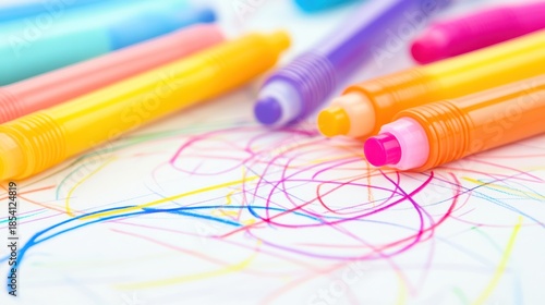 Colorful markers and childs drawing creative art supplies and artwork