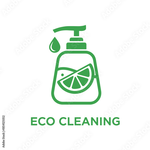 Green eco cleaning bottle with lemon and dripping liquid