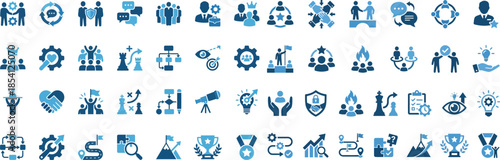 Diverse collection of essential business strategy icons representing collaboration teamwork goal setting achievement and organizational development concepts in blue tones