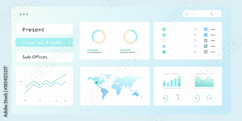 Modern data dashboard interface with charts graphs and global map visualization
