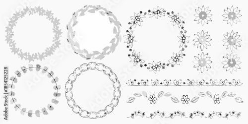 Floral wreath and garland collection in delicate black and white line art