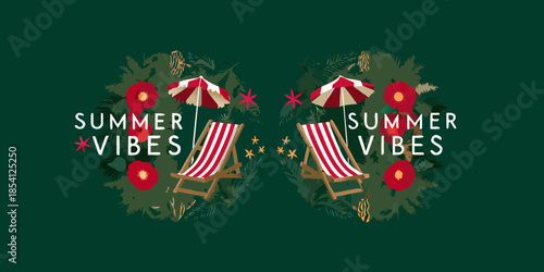 Summer vibes with beach chairs umbrellas and floral decorations on a green background