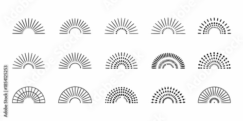 A collection of simple black and white arc and fan shapes in a grid layout