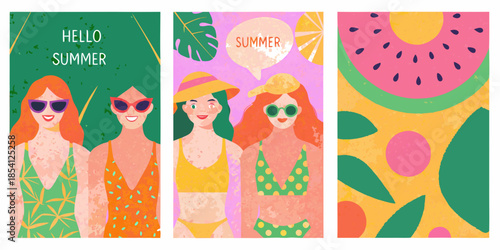 Colorful summer illustrations featuring women fruit and vibrant seasonal designs
