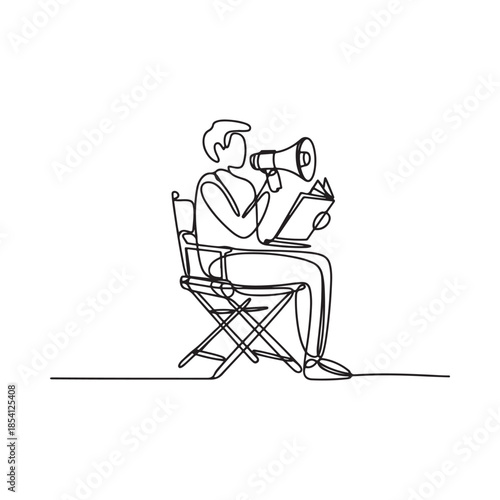 A continuous line drawing of a man speaking into a megaphone while seated