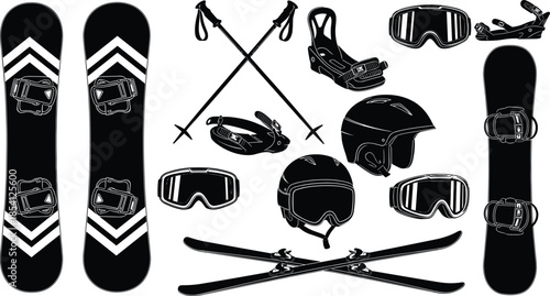 Winter skiing and snowboarding equipment silhouettes set, skis snowboard goggles helmet boots poles bindings, black sports vector illustration collection, design