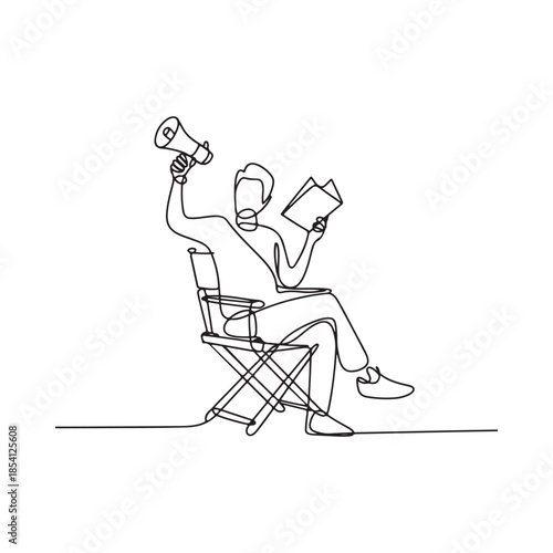 A single line drawing of a man announcing with a megaphone while seated