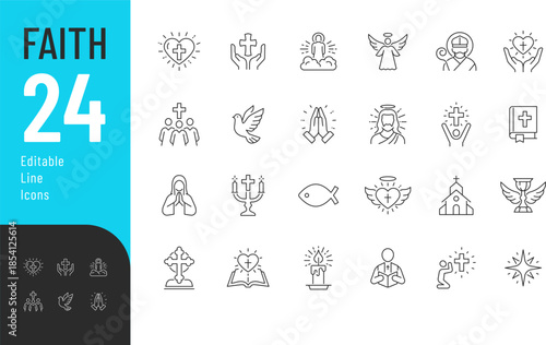 Faith Line Editable Icons set. Vector illustration in modern thin style of religion related icons: prayer, God, saint spirit, and more. Isolated on transparent background.
