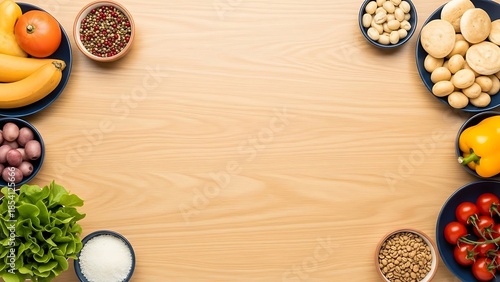 kitchen table with common foods placed around the edges