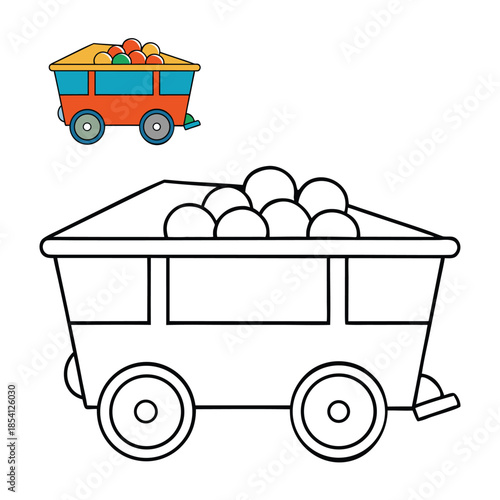 Playful coloring page featuring a wagon full of chewing candy, jars and sweets spilling over. Bold outlines and fun details invite kids to color a sugary street cart scene.
