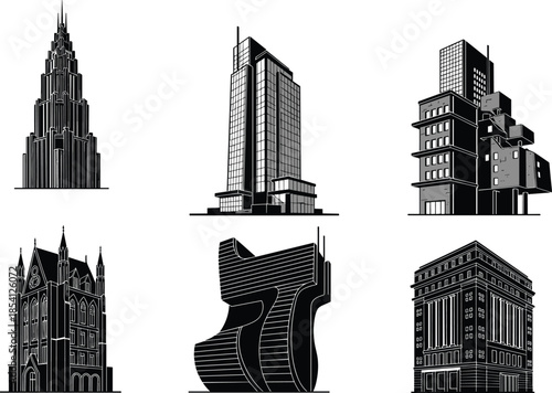 Architectural icons, building silhouette set, black outline structures, Gothic symbol, futuristic branding, tower concept, design badge, style evolution
