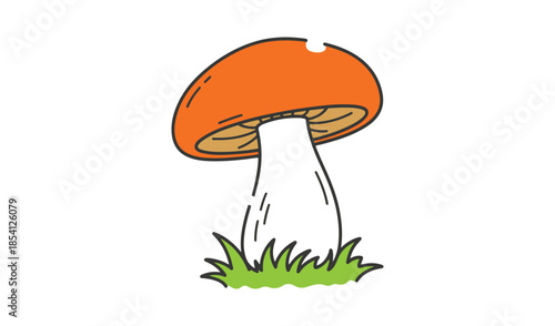 Colorful Illustration of an Orange Wild Mushroom Growing in Green Grass, Flat Vector Style