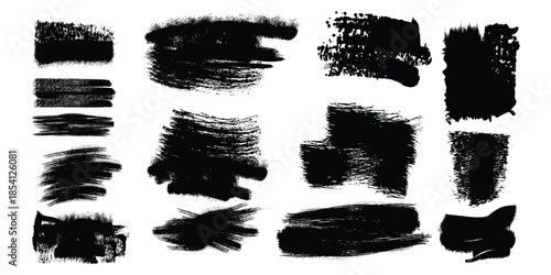 A collection of 15 unique black brush strokes on a white background for artistic and design purposes