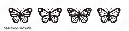 Four detailed black butterfly icons with wings spread on white background
