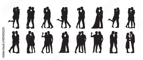 Romantic couple kissing icon set. love proposal kissing hugging and dating moments, love hearts, bride groom poses, dancing, kissing, vector illustration eps 10.