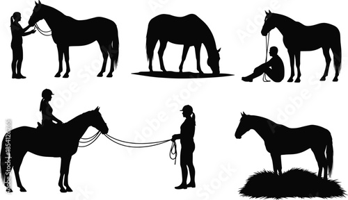 Black Silhouette Vector Set of Horses and People Featuring Equestrian Activities Including Horse Riding Grooming Feeding and Training Isolated on White Background