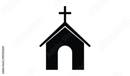 Minimalist church building icon with cross on roof, black silhouette architectural religion symbol isolated on white.