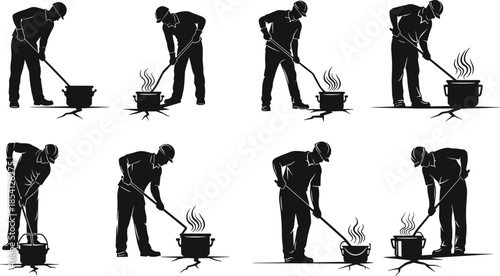 Campfire cooking icons, open fire silhouettes, black outline chef, outdoor meal symbol, rustic branding, steam concept, wilderness badge, pot set