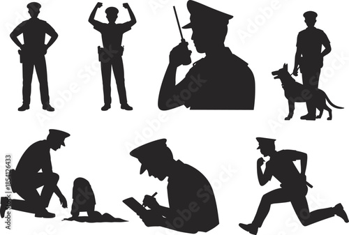 Black Silhouette Vector Set of Police Officers in Action Poses Including K9 Unit Patrol Radio Communication Investigation and Criminal Pursuit Scenes