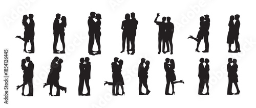 Couple kissing moment black vector set. relationship clipart, intimate gesture,  love pose collection for wedding icon, vector illustration eps 10