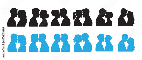 Couple kissing moment black vector set. relationship clipart, intimate gesture,  love pose collection for wedding icon, vector illustration eps 10