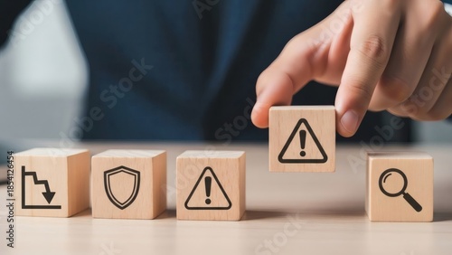 Business Risk Assessment. Human hand indicating warning triangle and shield icons on wooden table, symbolizing evaluating potential risks before execution.
