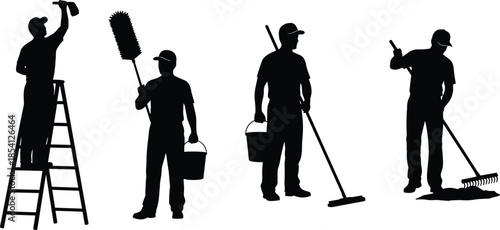 Black Silhouette Vector Set of Professional Cleaning Service Workers Including Window Washers and Janitors with Mops Buckets Rakes and Tall Ladders