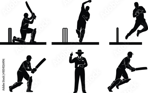 Black Silhouette Vector Set of Professional Cricket Players Including Batsman, Bowler, Fielder, and Umpire in Various Action Poses Isolated on White Background,