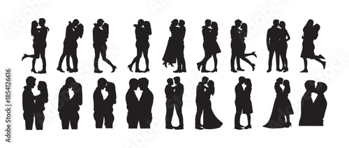 Romantic couple icon set, kissing man and woman vector, wedding lovers silhouette, romantic poses, love embrace, kissing moment. vector illustration eps 10