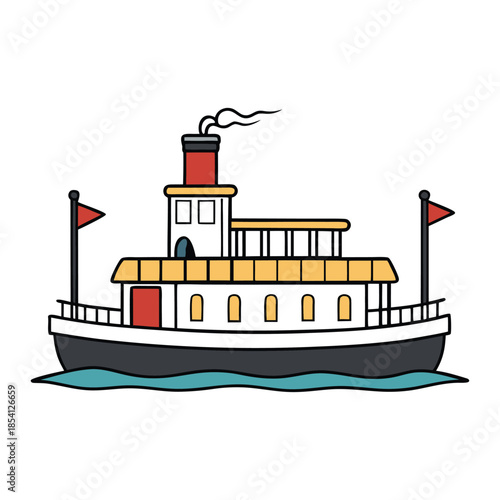 A classic river steamboat glides along calm waters, paddle wheel churning, smokestacks rising, and decks glowing with nostalgia, evoking timeless river journeys and trade.
